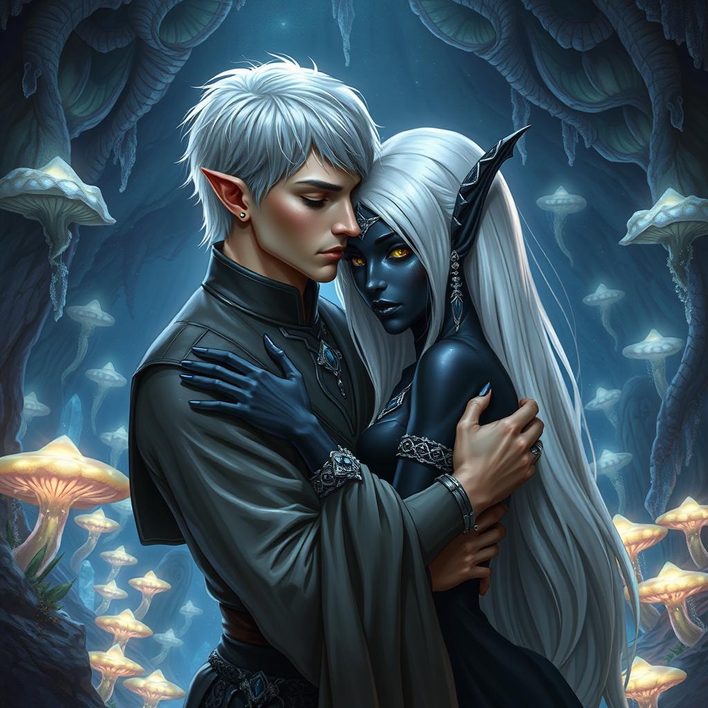 A male high elf servant with short, sleek silver hair, dressed in elegant yet modest attire, gently embracing a beautiful female drow noble in the enchanting Underdark