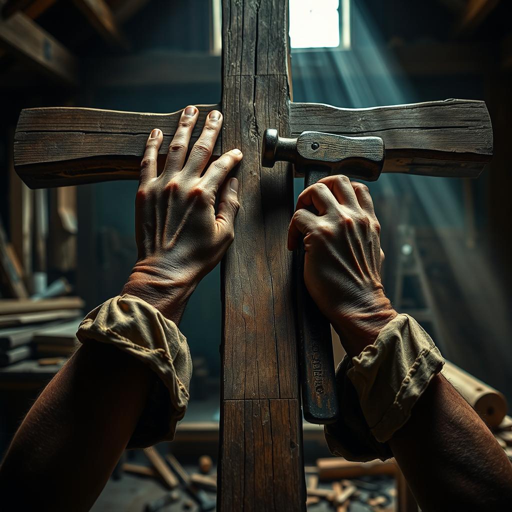 An impactful and thought-provoking image showcasing hands crucified on a wooden cross, actively involved in carpentry work