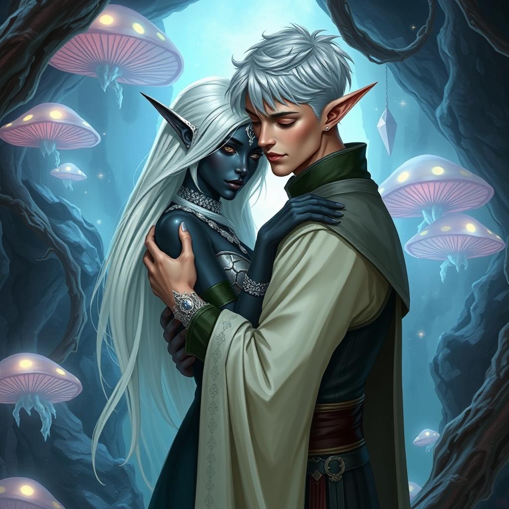 A male high elf servant with short, glossy silver hair, dressed in a tasteful and understated outfit that reflects his servant status, is lovingly embracing a striking female drow noble in the mystical Underdark