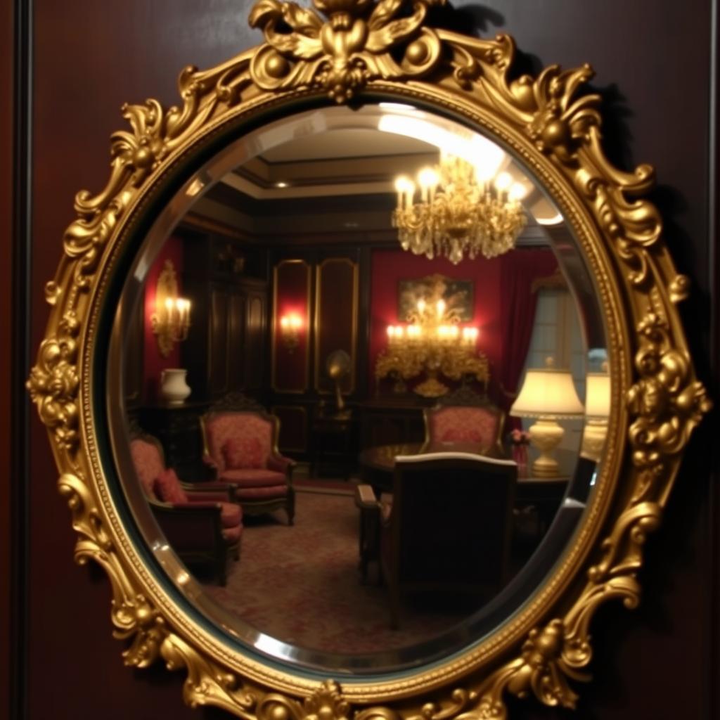 A beautifully ornate antique mirror reflecting a stunning opulent room