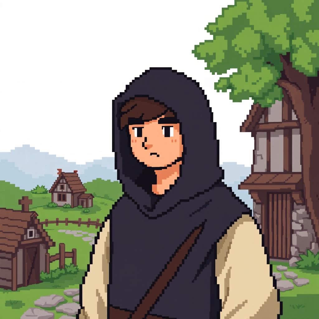 A 32x32 pixel art representation of a commoner from medieval times, wearing a black cloak hoodie