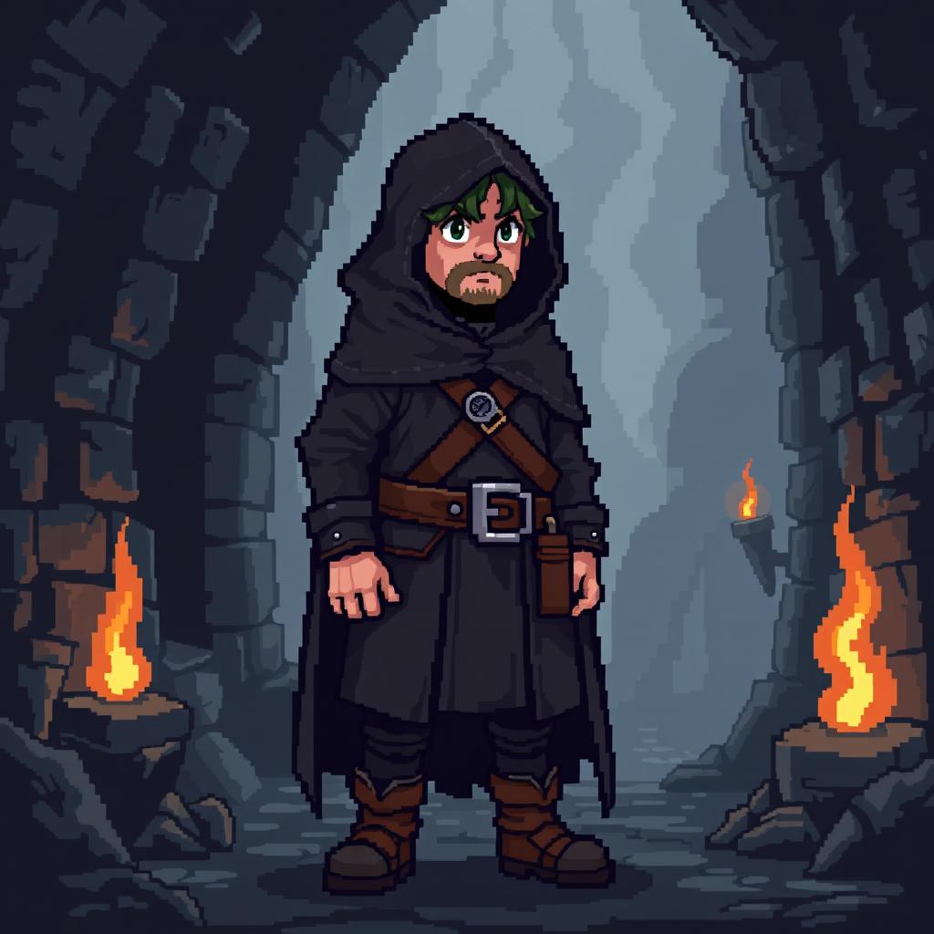 A detailed pixel art representation of a commoner from medieval times, wearing a black cloak and hoodie