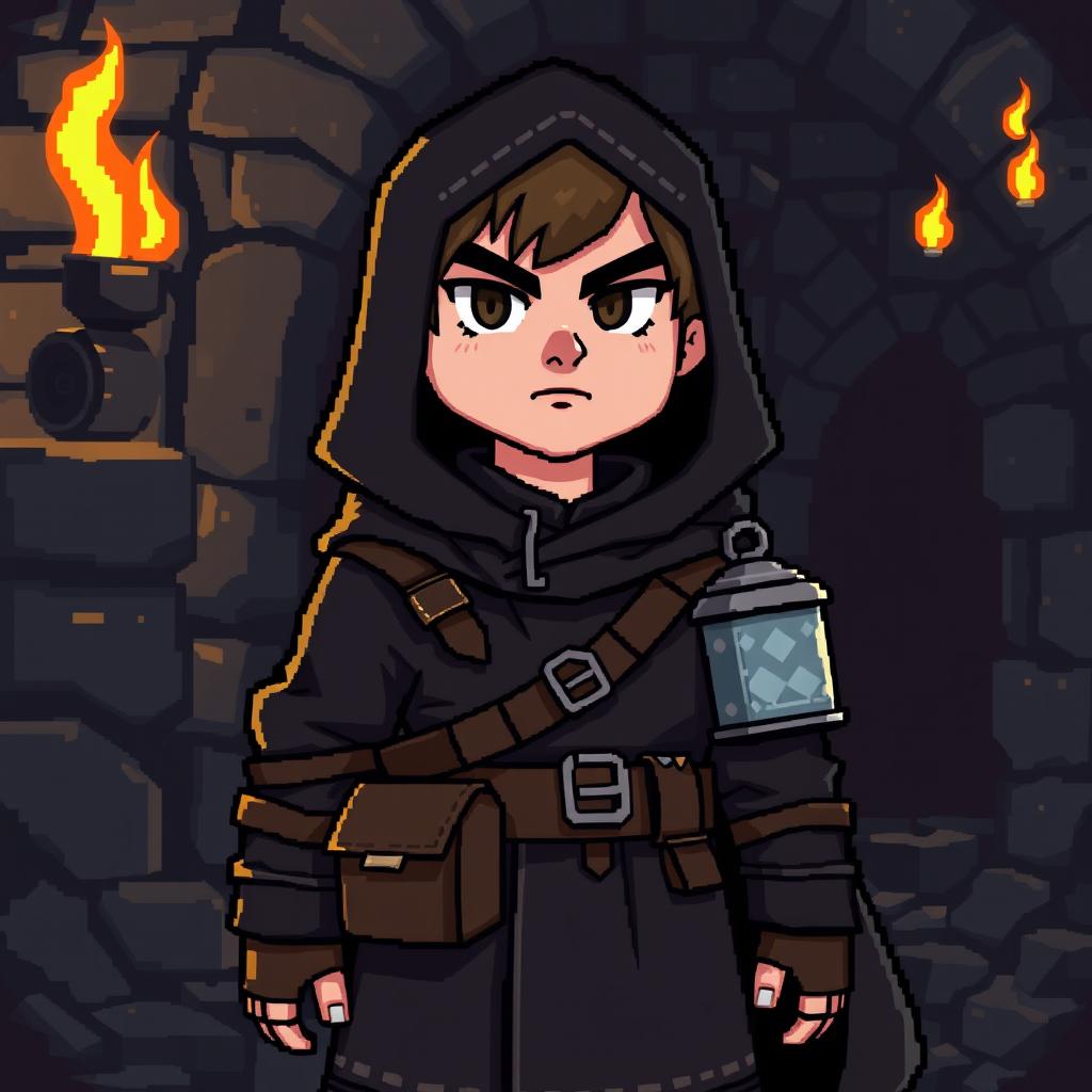 A pixel art character representing a commoner from medieval times, dressed in a simple yet stylish black cloak and a hoodie