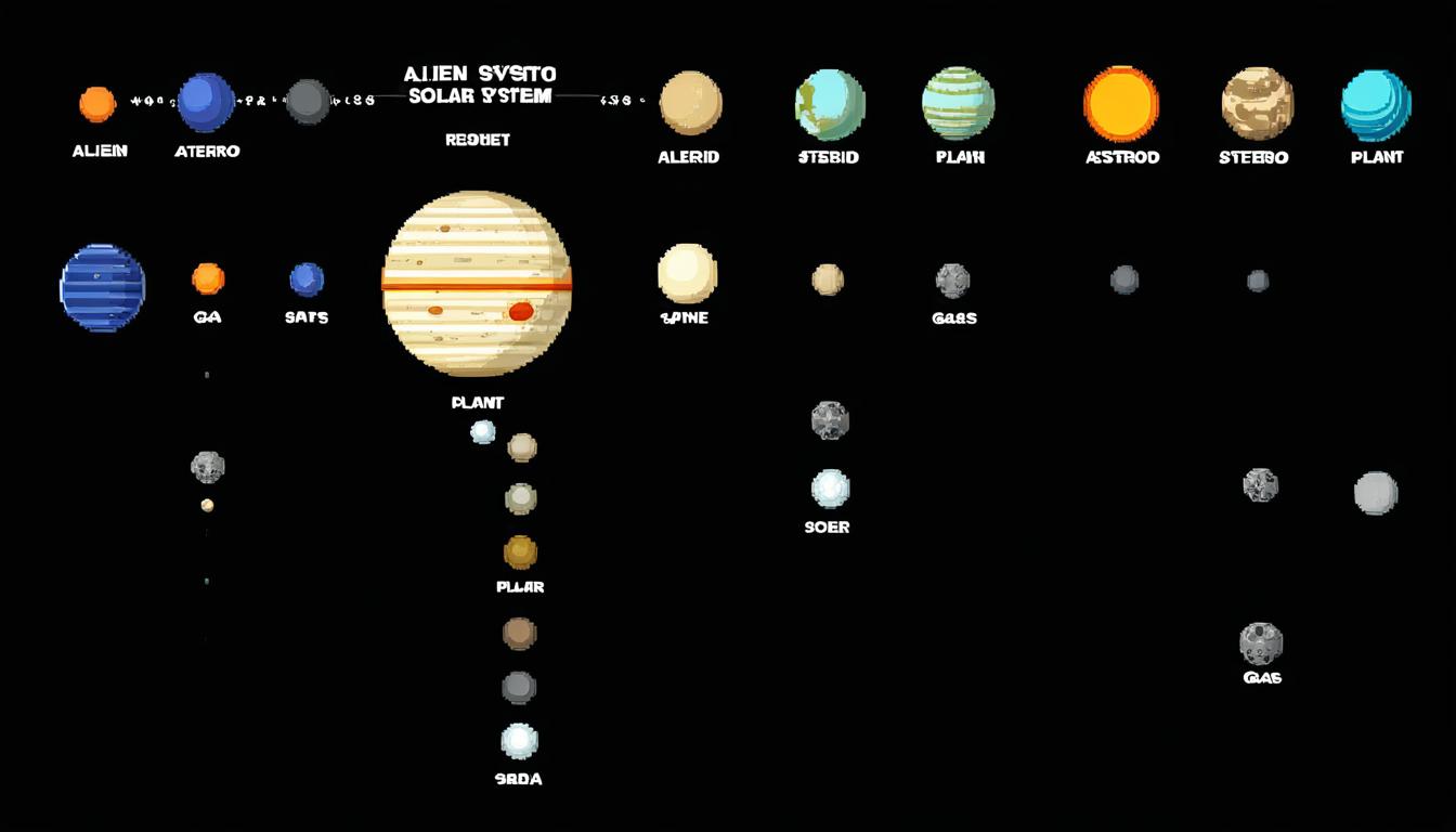 pixel art planetary cartography map of alien solar system, 1 planet with 4 moons, 1 gas giant planet, asteroid belt
