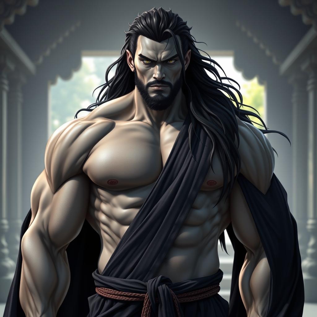 A muscular male goliath monk with striking grey skin, adorned in sleeveless black robes that flow elegantly around him