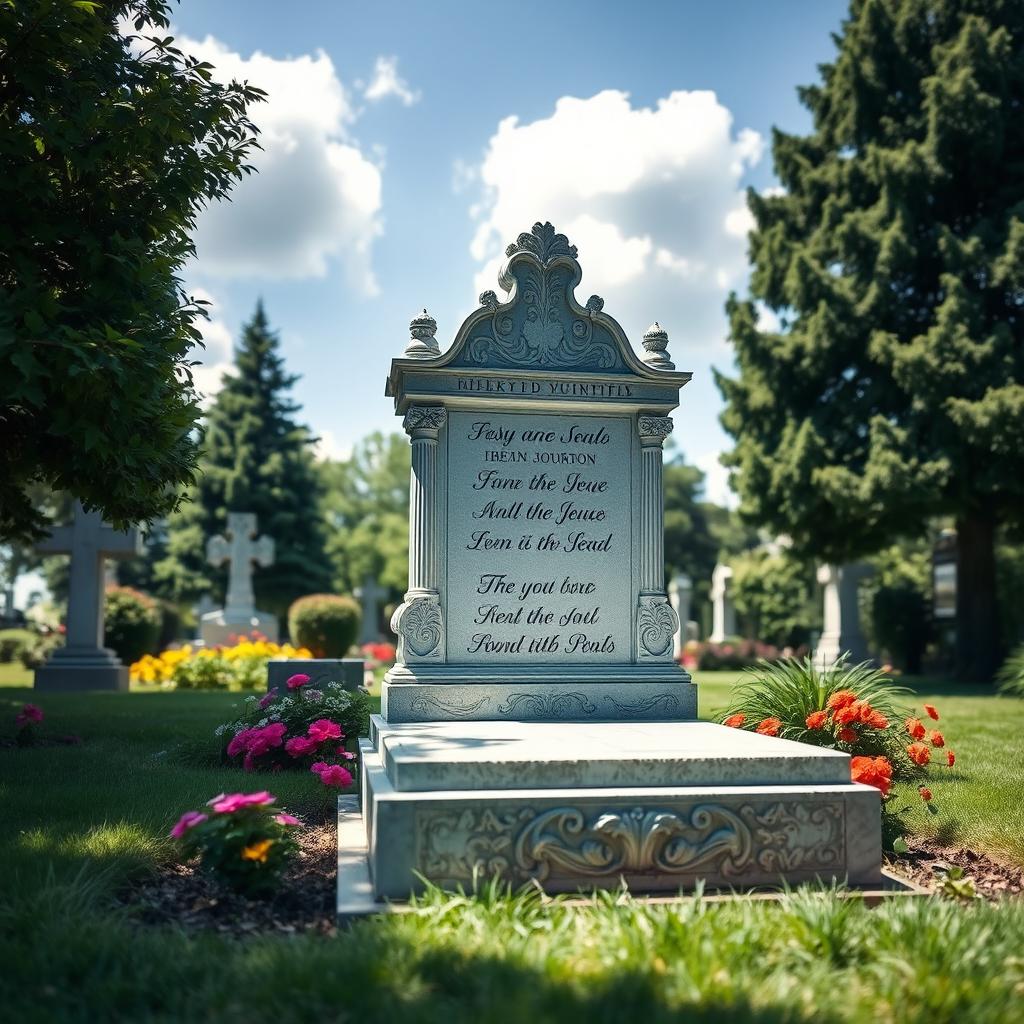 A beautifully crafted headstone in a serene cemetery setting, surrounded by lush greenery and colorful flowers
