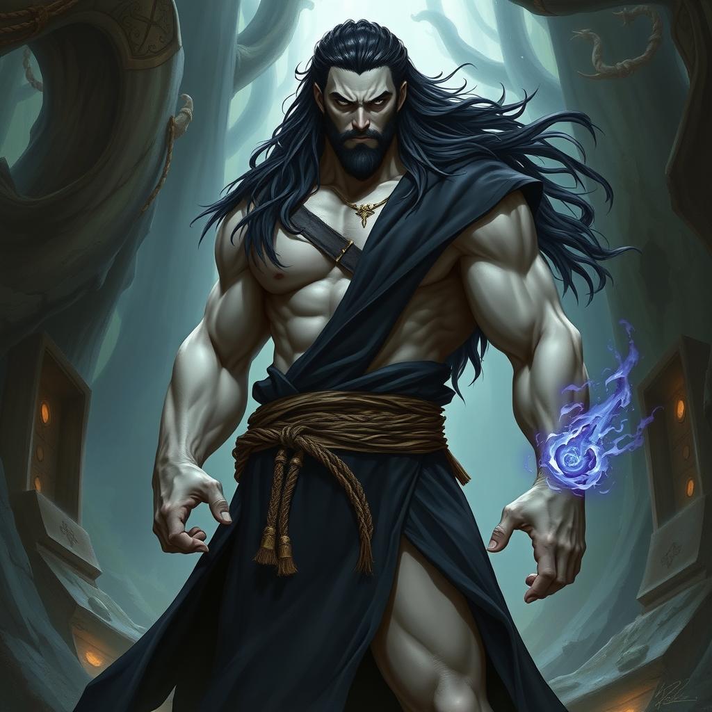 A powerful male goliath barbarian monk standing confidently, wearing a dark black coat that flows elegantly