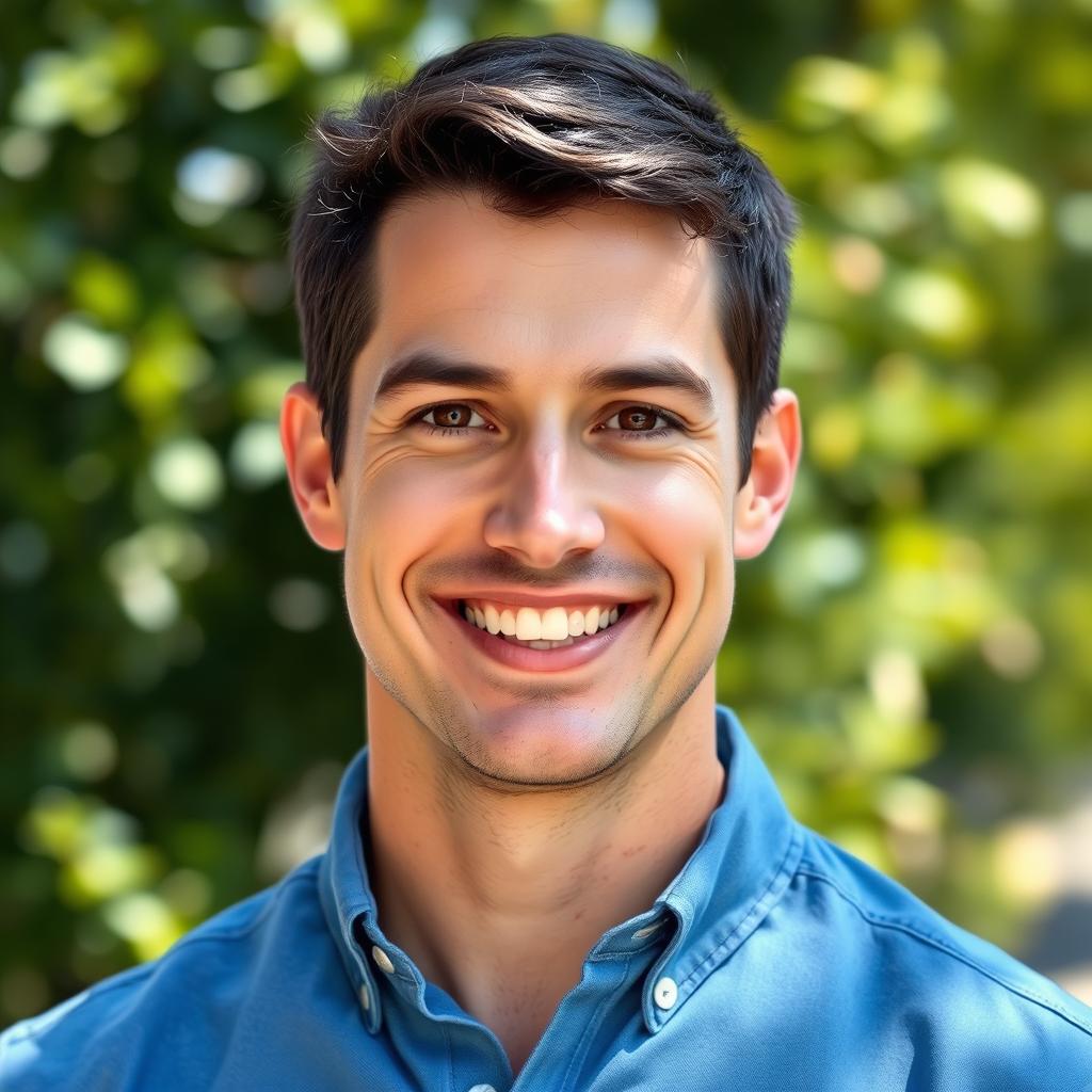 A realistic portrait of a man in his 30s with short dark hair and brown eyes