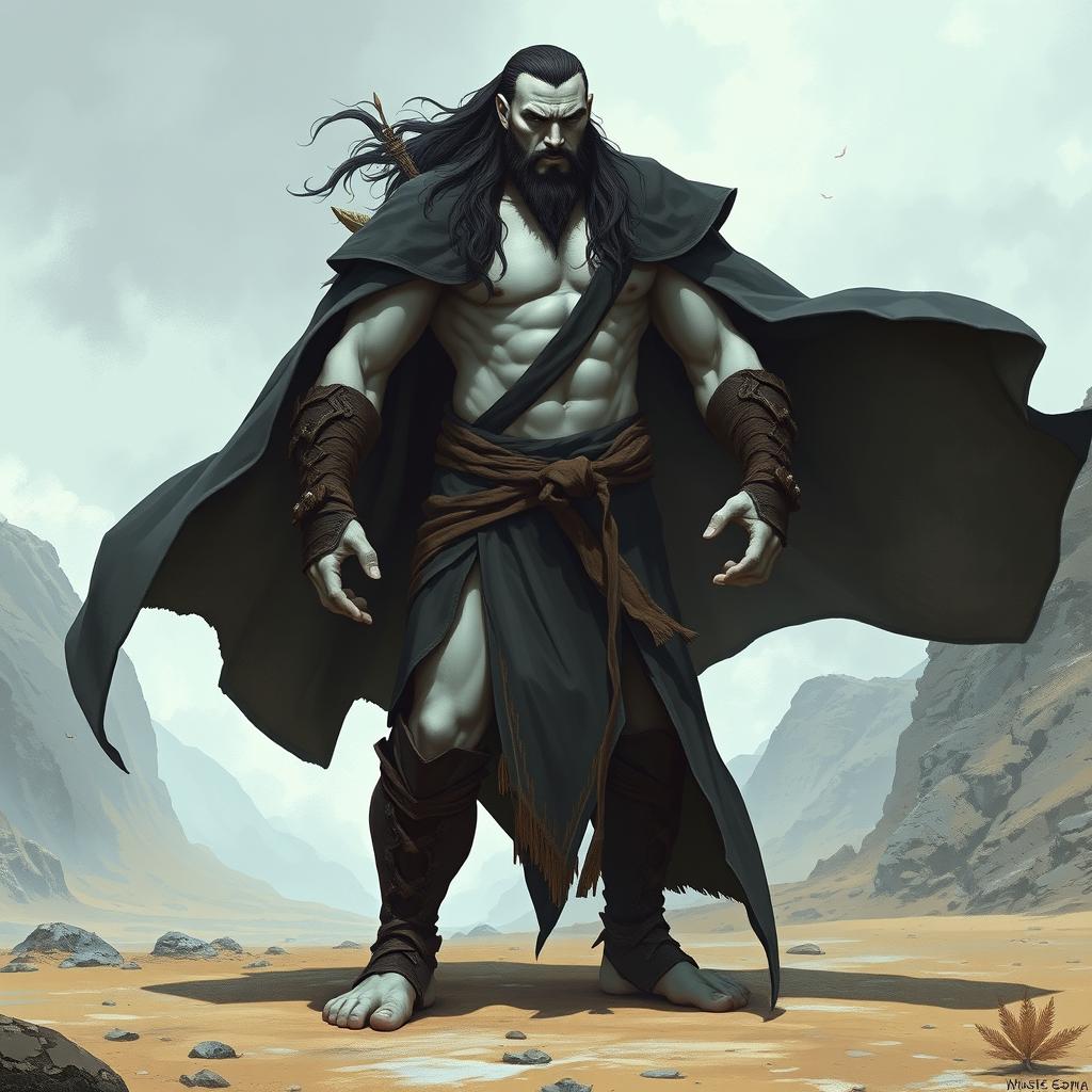 A male goliath barbarian monk standing in a powerful stance, wearing a long coat that flows dramatically