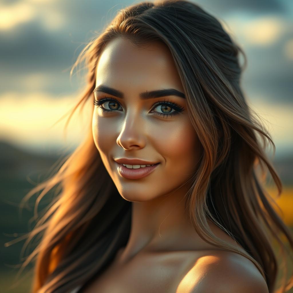 A stunning portrait of a beautiful woman, showcasing her radiant features and captivating expression