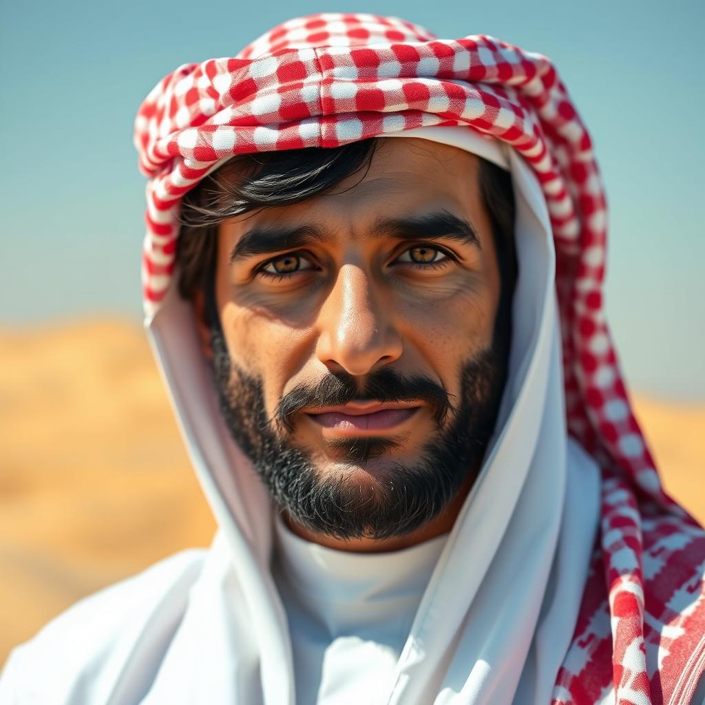 A realistic portrait of an Arab man in his 30s with dark hair and a well-groomed beard