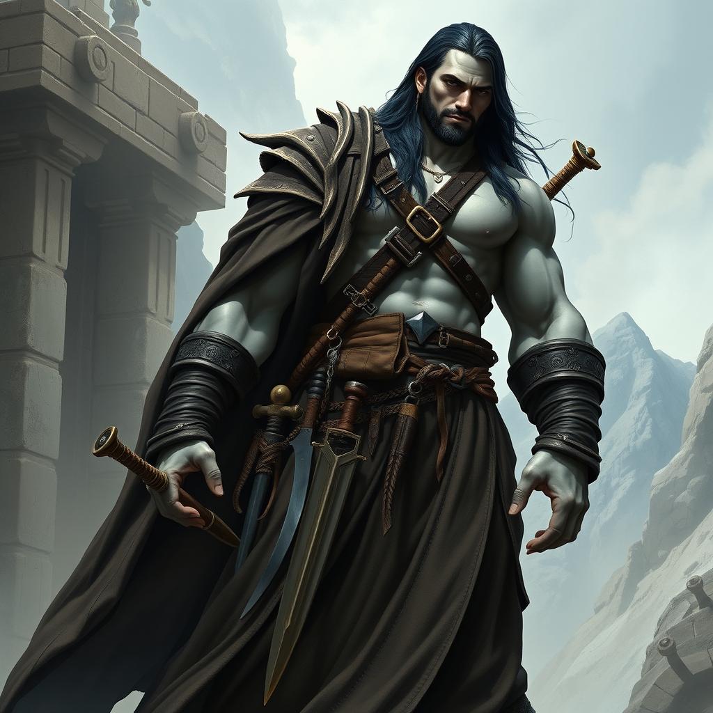 A towering male Goliath barbarian monk standing heroically, dressed in a long coat that flows dramatically around him