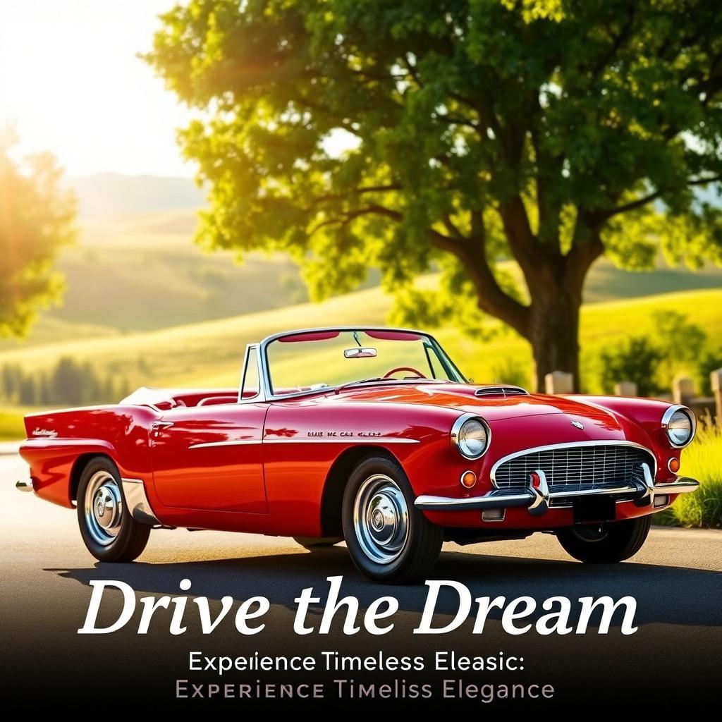A vibrant advertisement showcasing a stunning vintage classic car, parked gracefully on a sunlit country road