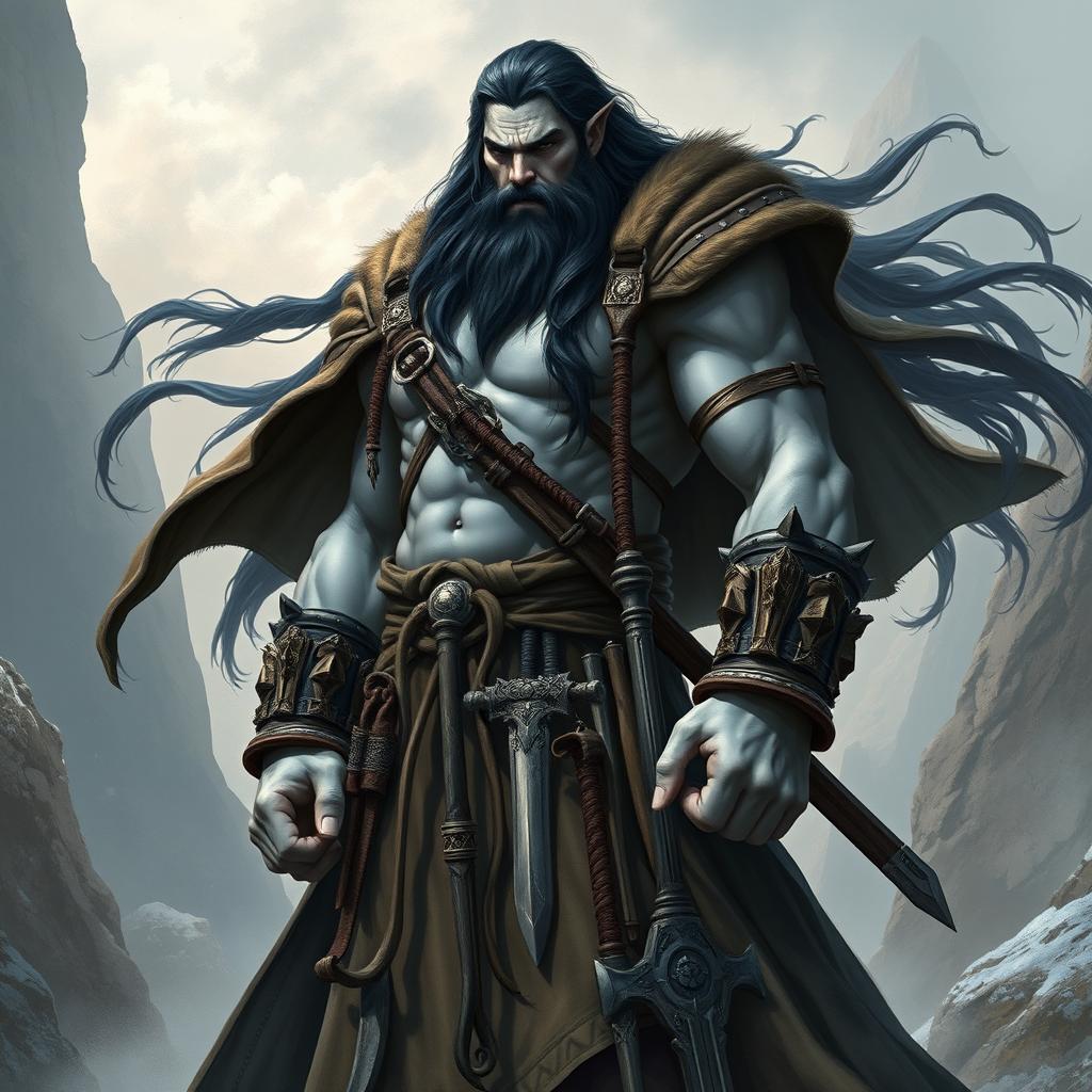 A towering male Goliath barbarian monk, characterized by his imposing size, with pale grey skin and long, flowing black hair