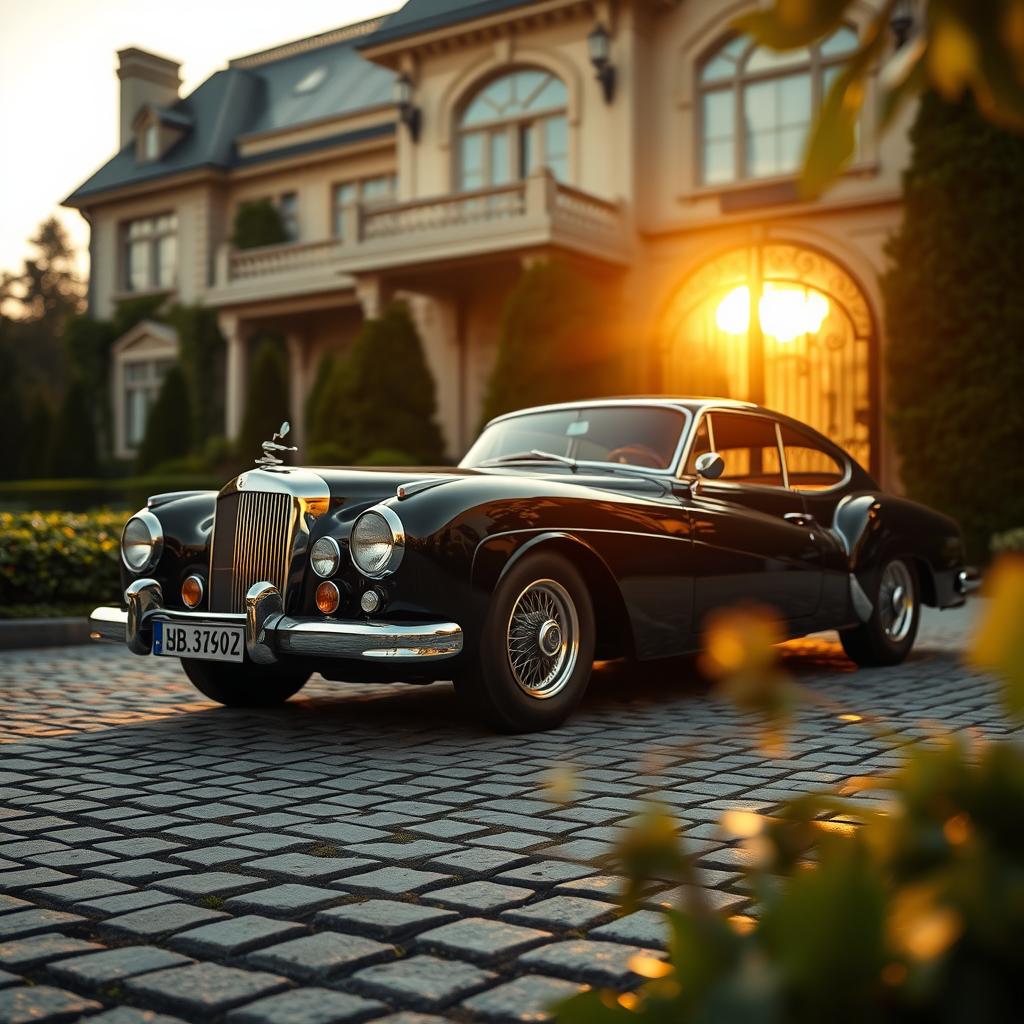 A luxurious advertisement featuring a classic car, showcasing its elegant lines, shiny chrome details, and polished finish