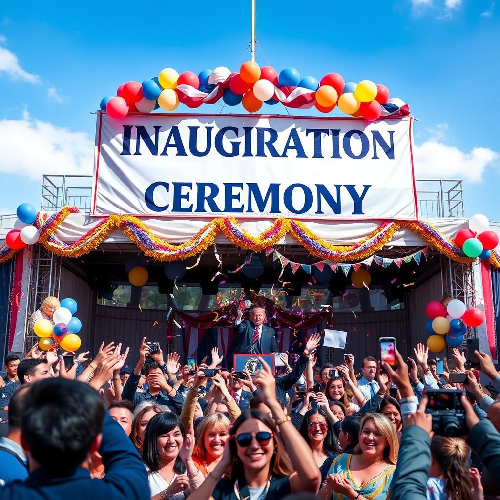 A vibrant and colorful inauguration scene featuring a large, festive banner reading 'Inauguration Ceremony' in bold letters draped prominently over a festive stage