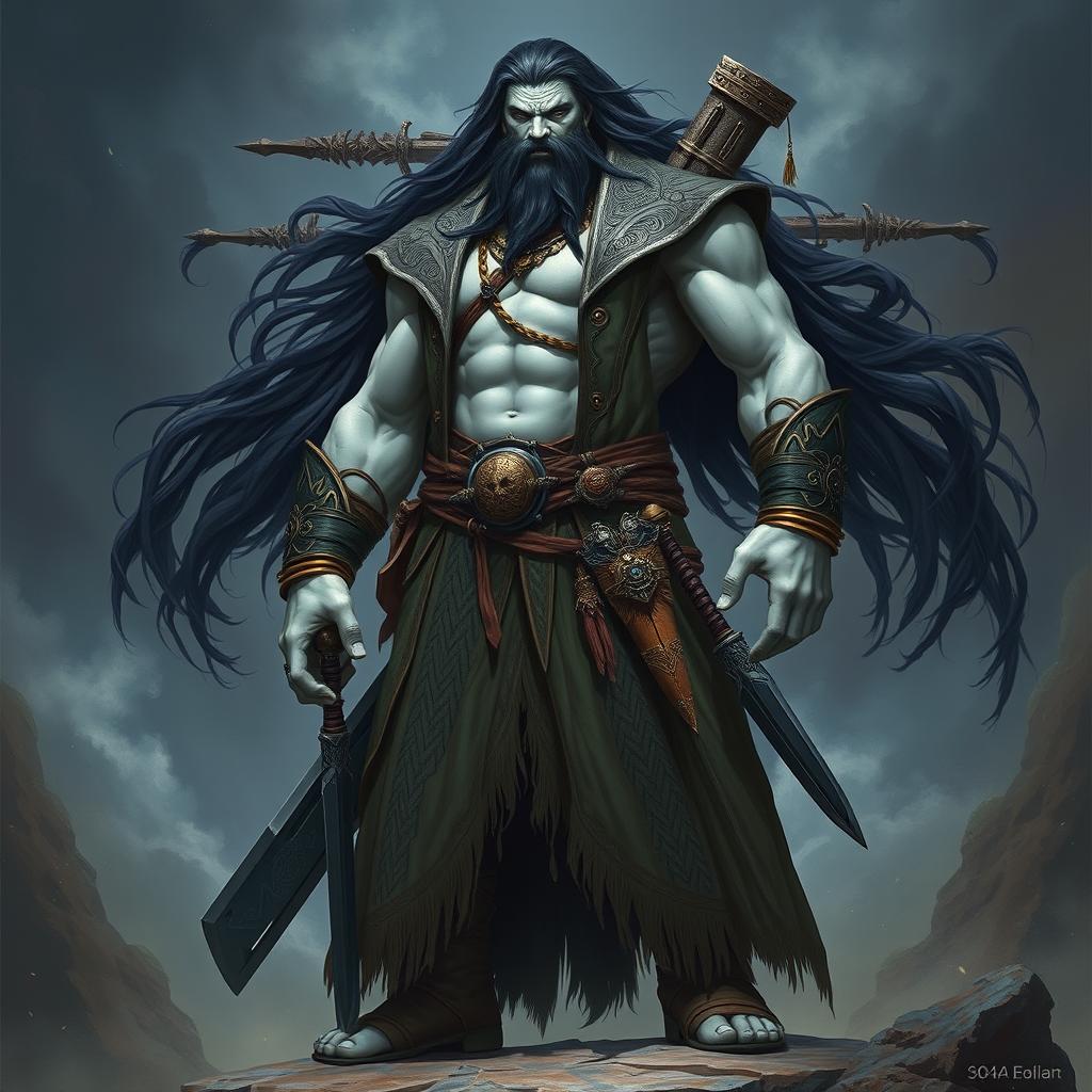 A towering male Goliath Barbarian Monk with pale grey skin and long, flowing black hair, wearing an intricately detailed long coat