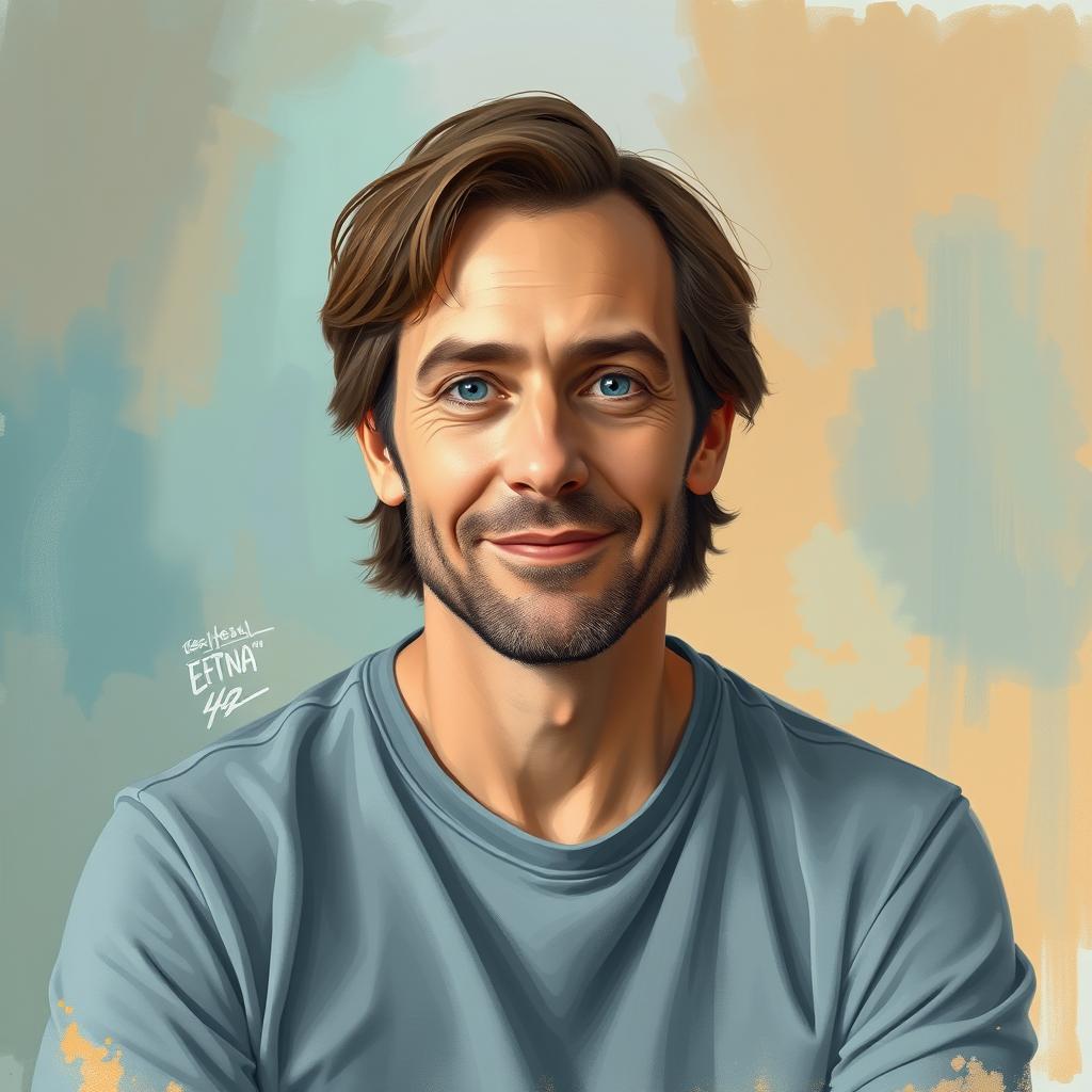 An artistic portrayal of a normal man in his 40s, with medium-length brown hair and blue eyes, giving a friendly expression