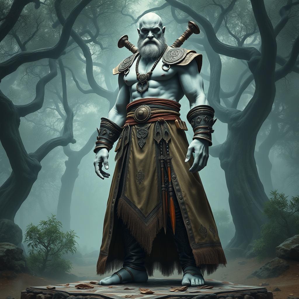 A towering male goliath barbarian monk, characterized by his pale grey skin, standing prominently in a dramatic pose