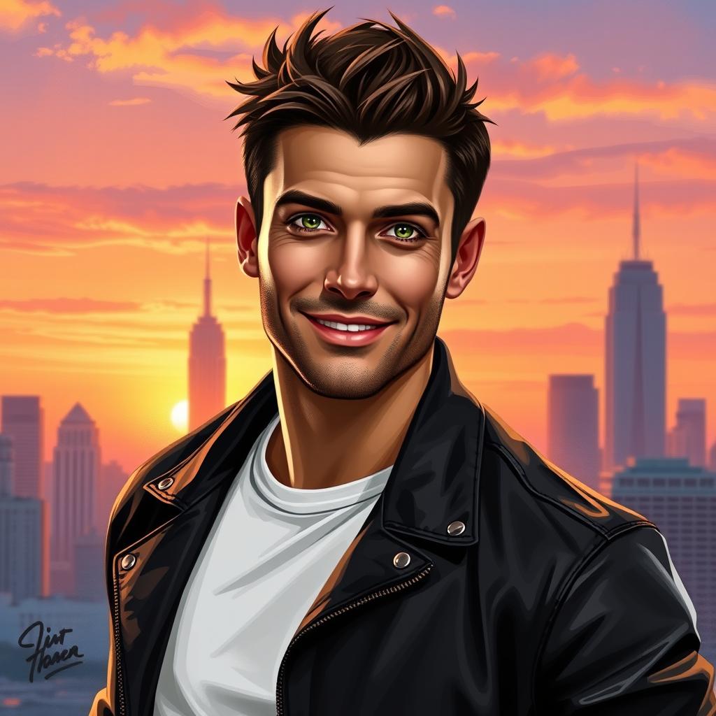 An artistic portrayal of a handsome man in his late 20s, with chiseled features, short dark brown hair, and striking green eyes