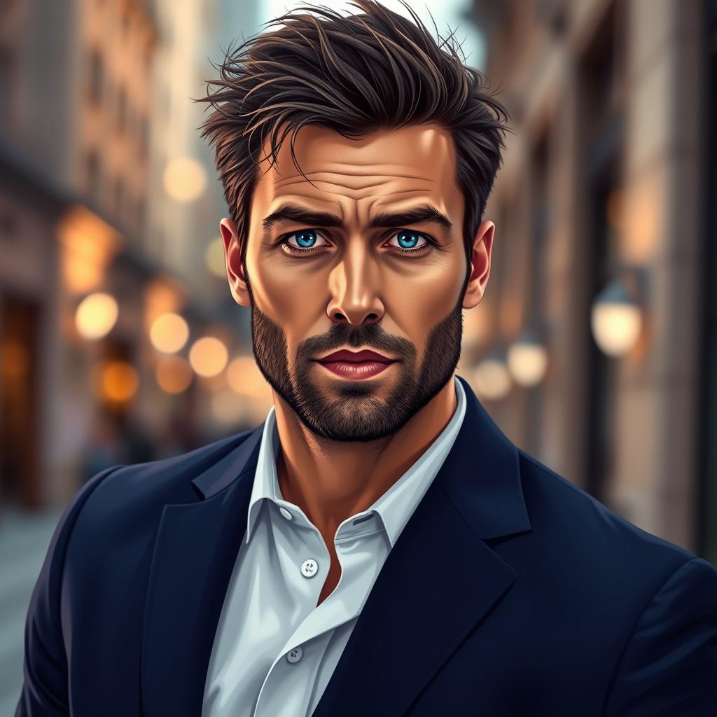 An artistic depiction of a handsome man in his late 30s, featuring strong, defined facial features with a well-kept beard and tousled dark hair
