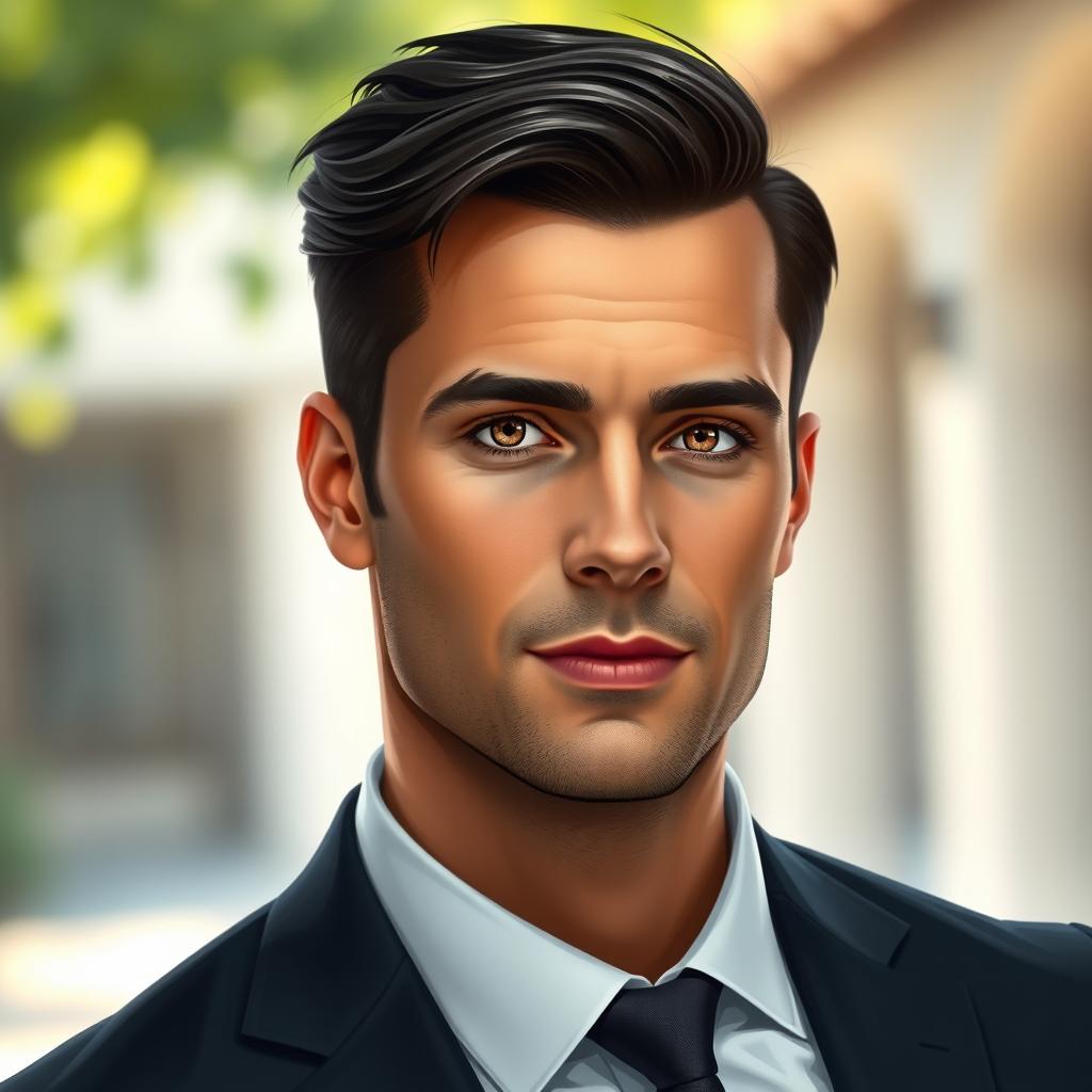 An artistic representation of a handsome man in his early 30s, featuring strong jawline, neatly styled dark hair, and captivating hazel eyes