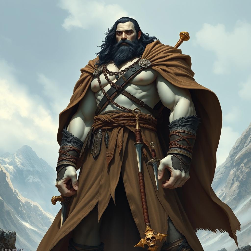 A towering male goliath barbarian monk stands proudly, wearing a long coat that flows dramatically in the wind