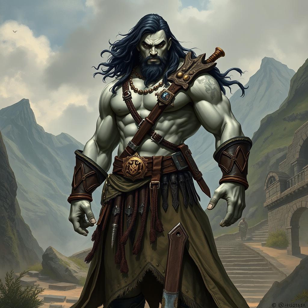 A fierce male Goliath Barbarian Monk stands confidently, showcasing his sleek and powerful physique
