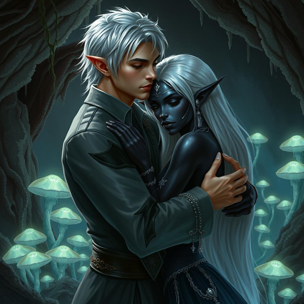 A male high elf servant with short, shimmering silver hair, clad in elegantly tailored yet humble attire, tenderly embracing a captivating female drow noble in the ethereal Underdark