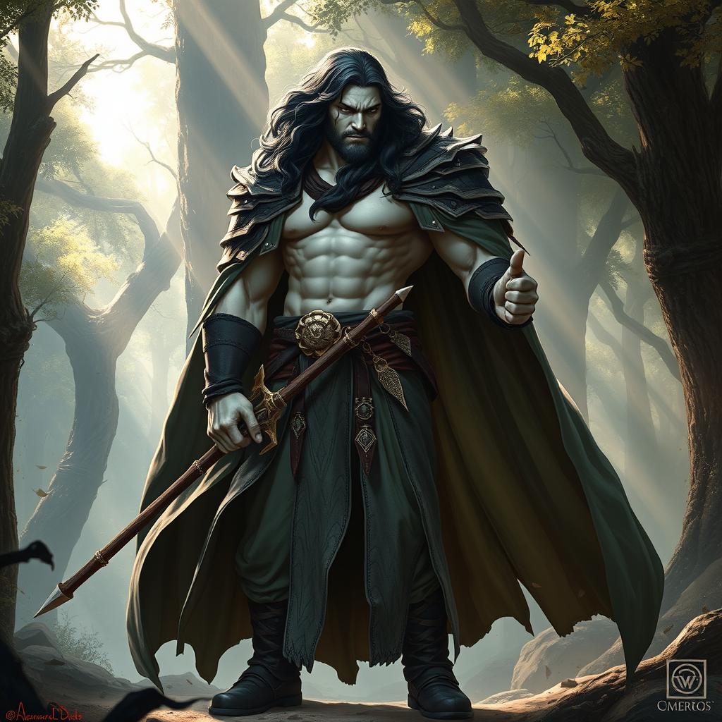 A male Goliath Barbarian Monk with pale grey skin and wavy black hair, wearing an elaborate long coat that flows dramatically around him