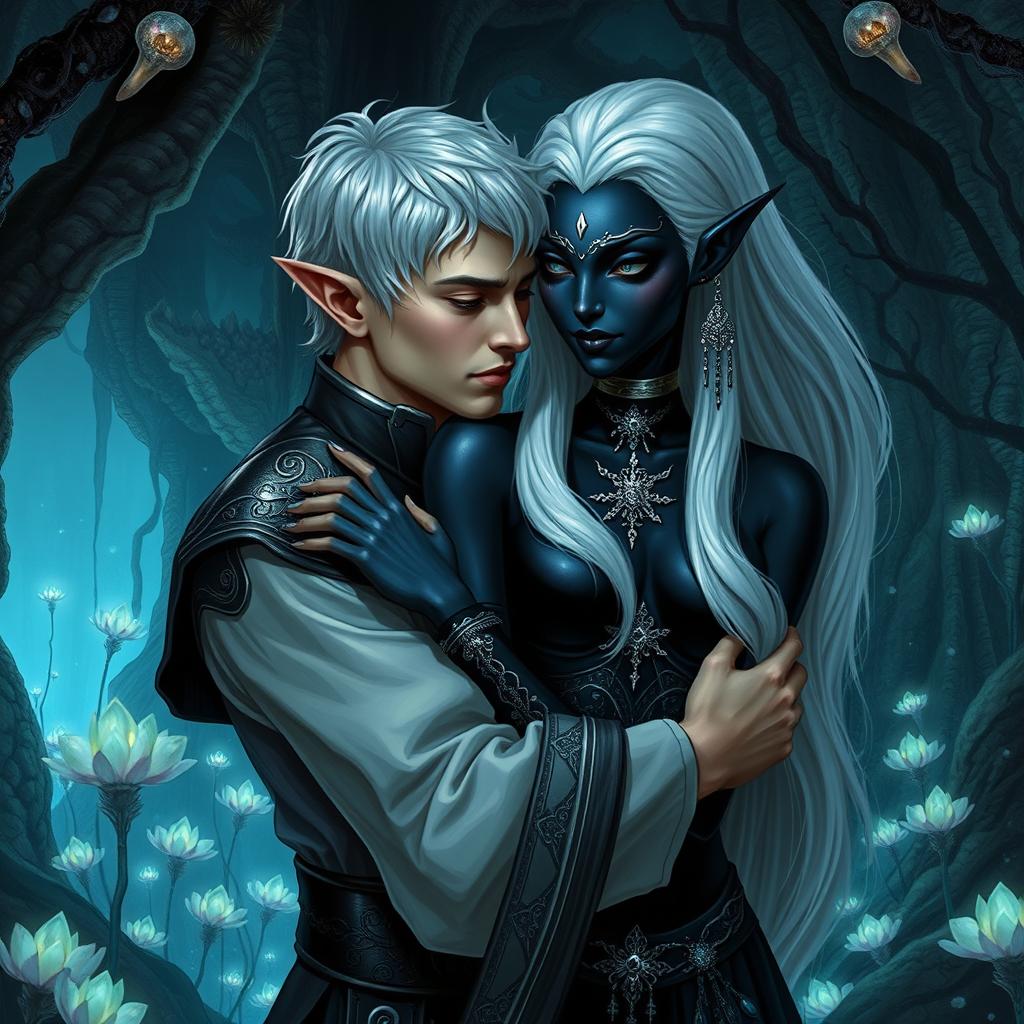 A male high elf servant with short, polished silver hair, dressed in elegant yet simple attire fit for a servant, is embracing a beautiful female drow noble in the enchanting Underdark