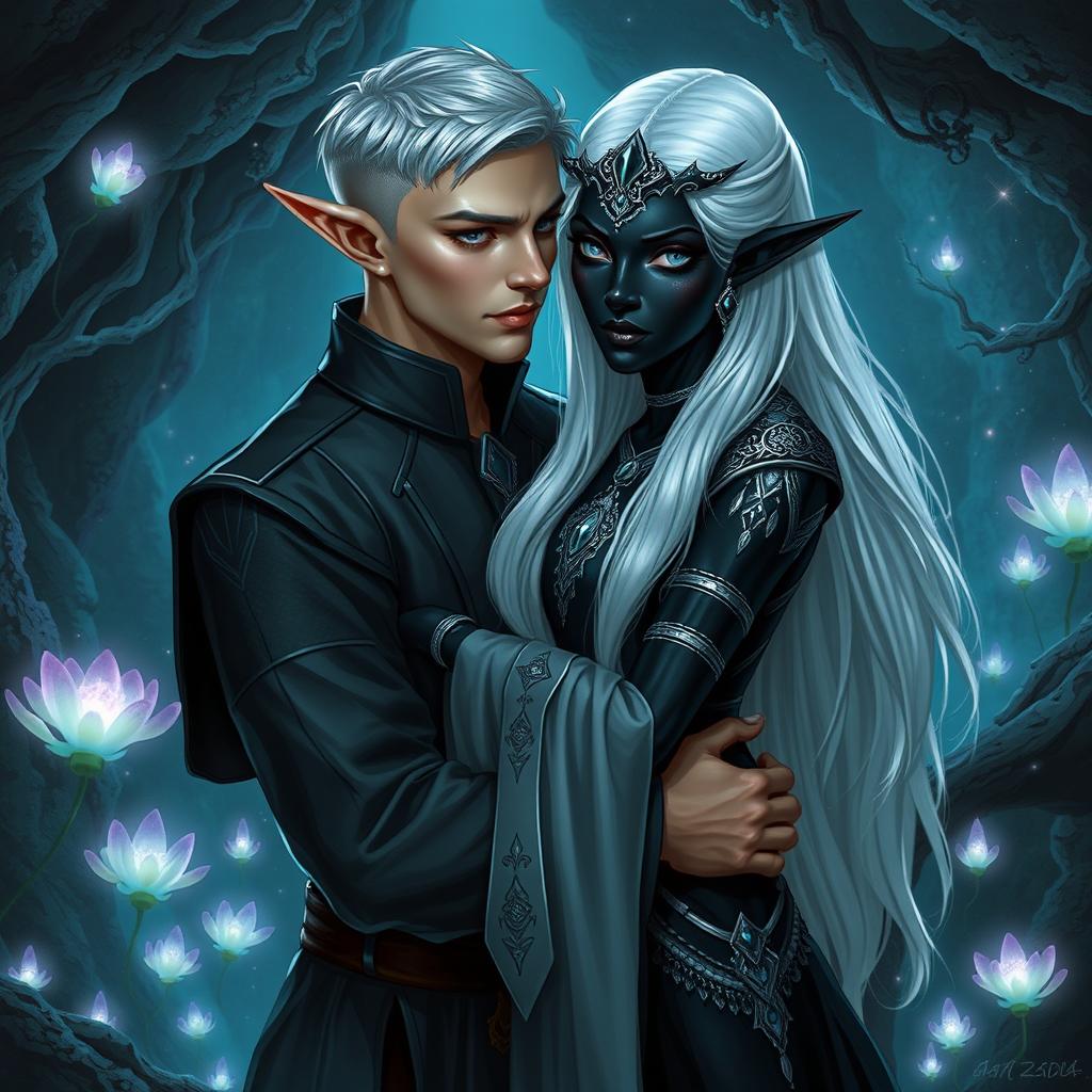 A male high elf servant with short, silvery hair, wearing an elegant yet modest outfit suitable for servitude, is embracing a striking female drow noble in the enchanting Underdark