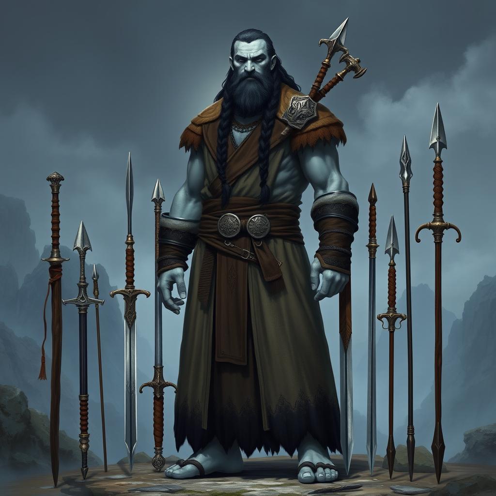 A male Goliath Barbarian Monk character standing confidently, wearing a flowing long coat that contrasts with his pale grey skin