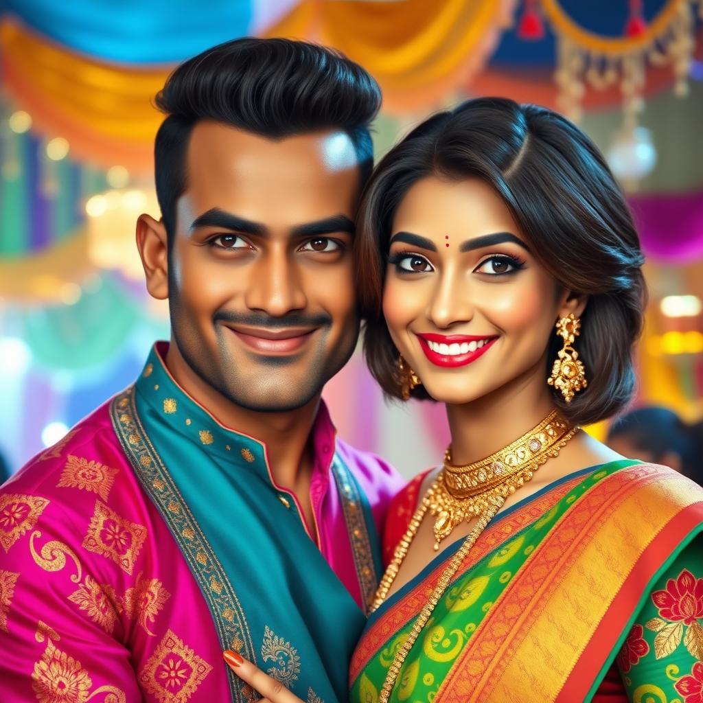 An Indian couple embodying a Bollywood theme, with the male character featuring a structured face, strong jawline, and captivating expression