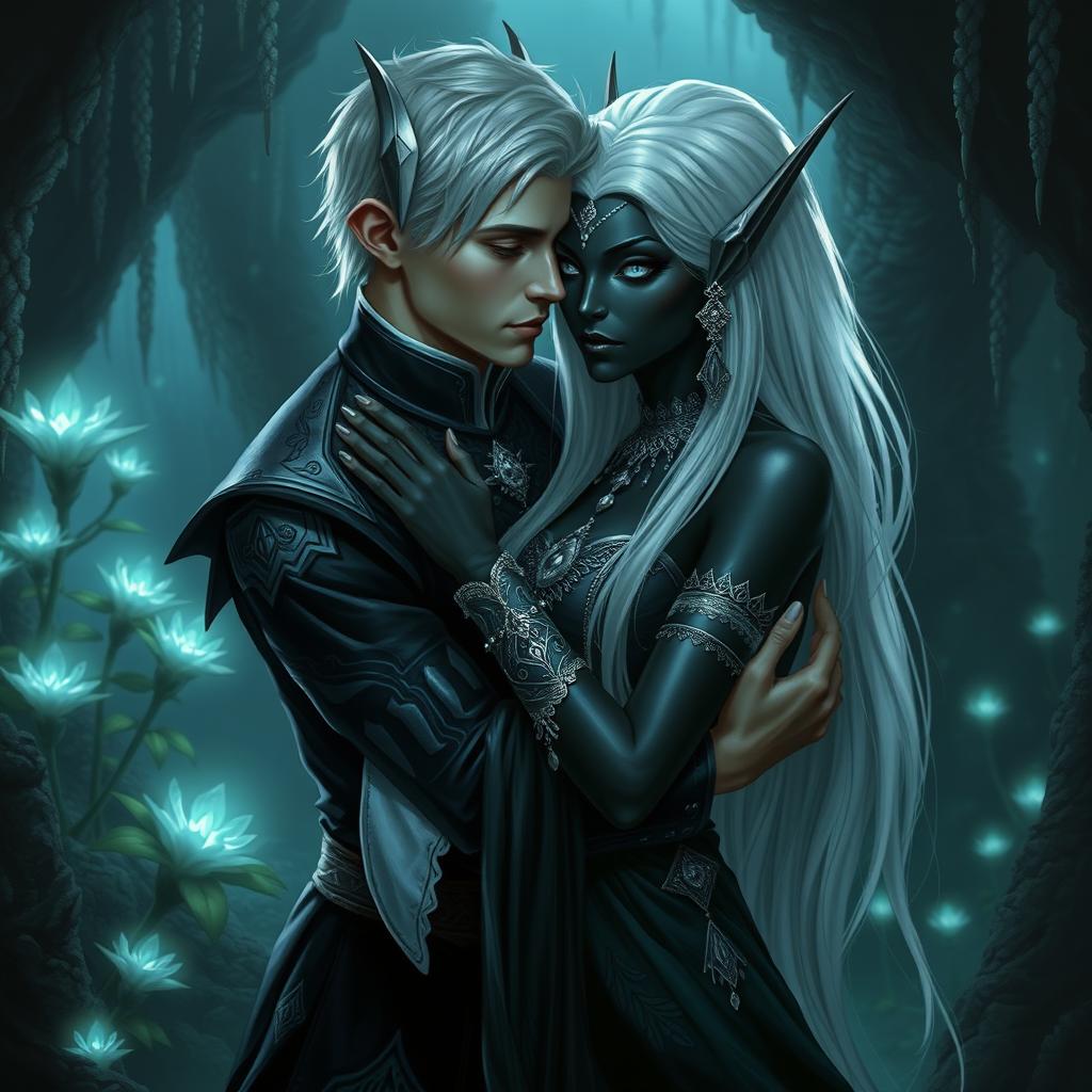 A male high elf servant with short, elegant silver hair, standing in a graceful manner, is embracing a stunning female drow noble in the mesmerizing Underdark