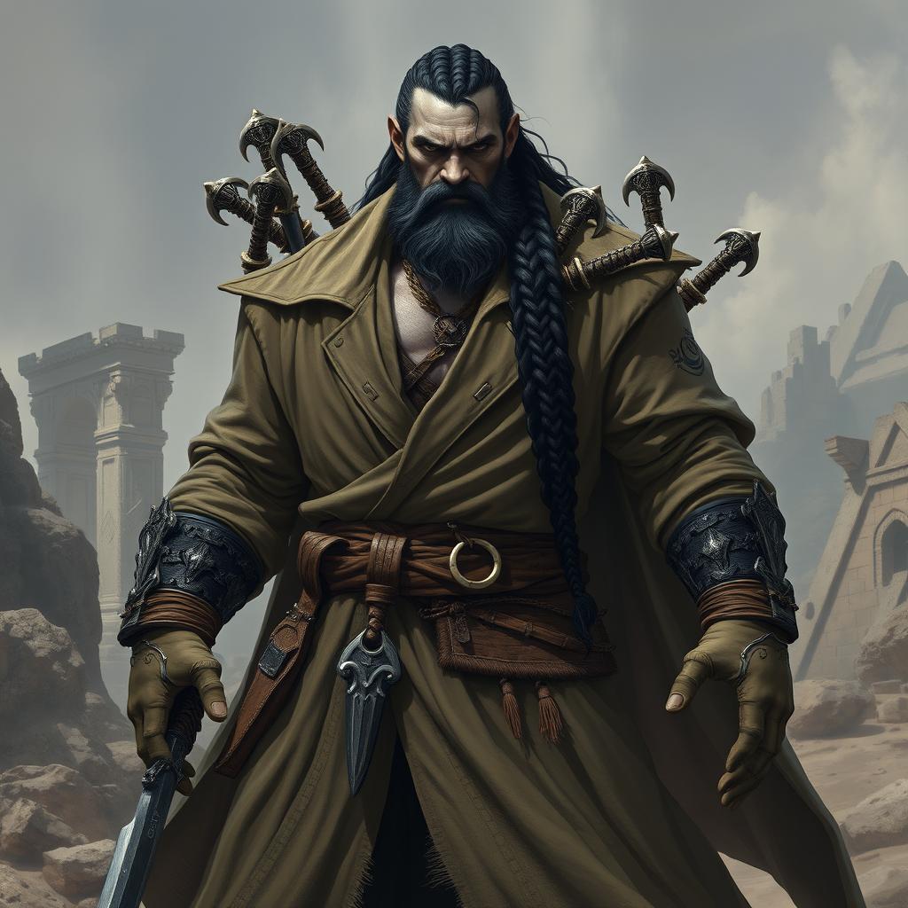 A powerful male goliath barbarian monk, showcasing an imposing presence, wearing a long coat that billows dramatically