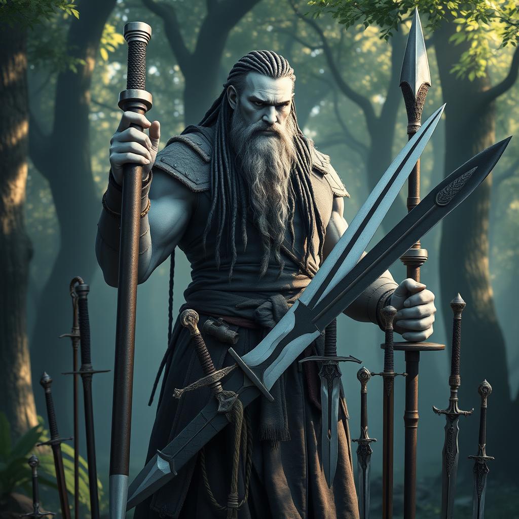 A powerful male Goliath Barbarian Monk, showcasing long pale grey skin and wavy black braided hair