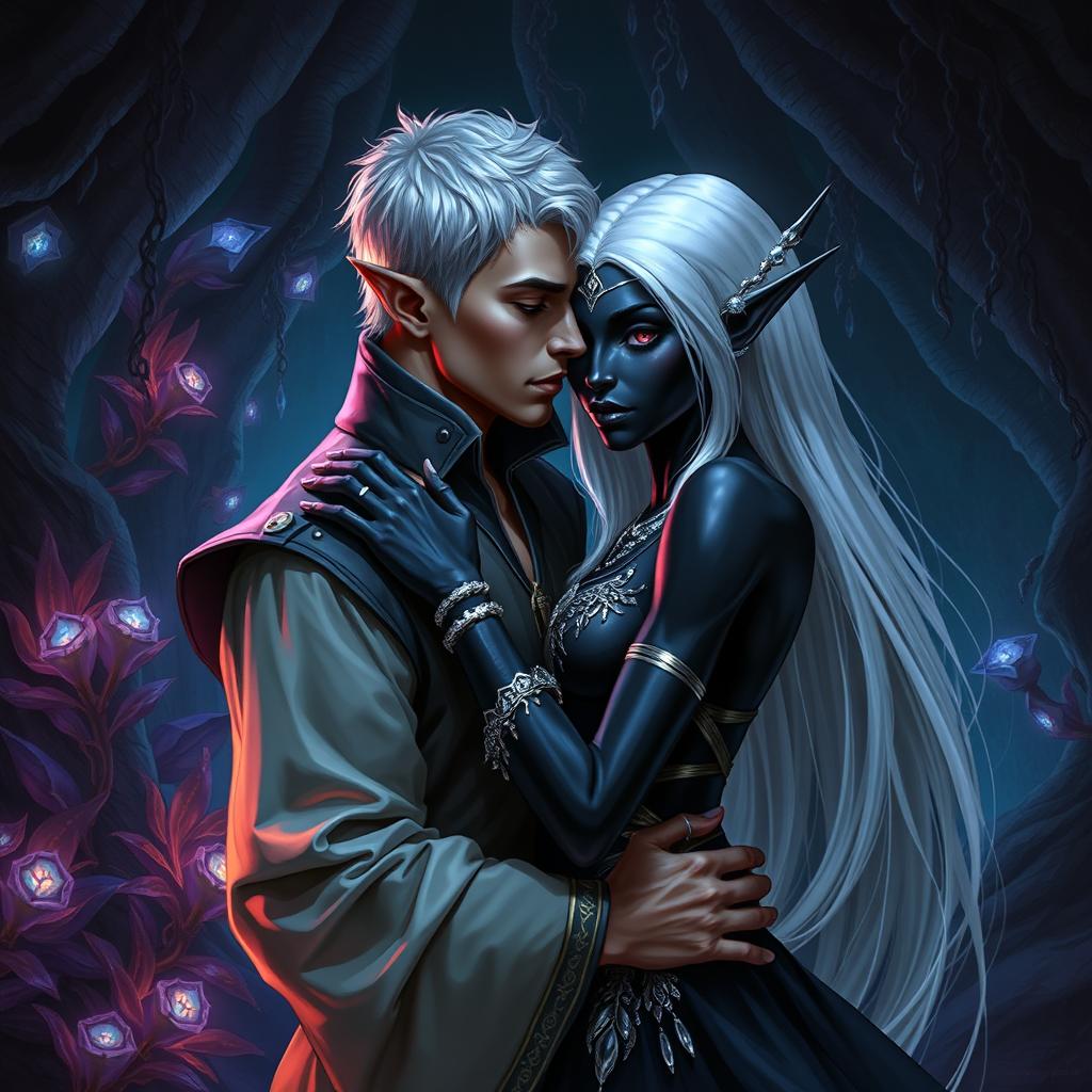 In the enchanting Underdark, a male high elf servant with short, shiny silver hair, dressed in refined yet simple garments suitable for his station, is tenderly embracing a stunning female drow noble