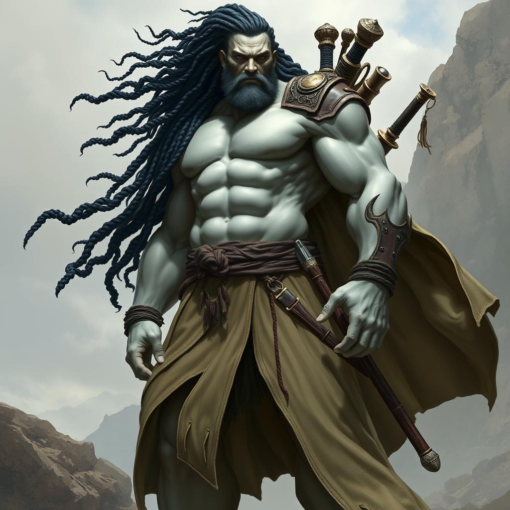 A towering male Goliath Barbarian Monk with pale grey skin and striking wavy black braided hair, wearing a long flowing coat that adds an air of mystique