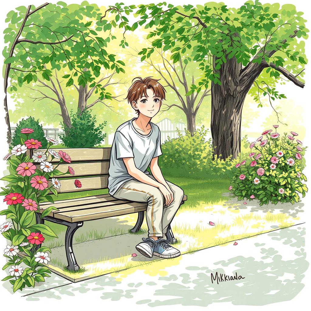 A beautifully detailed sketch of a person sitting in a tranquil park, surrounded by lush greenery and blooming flowers