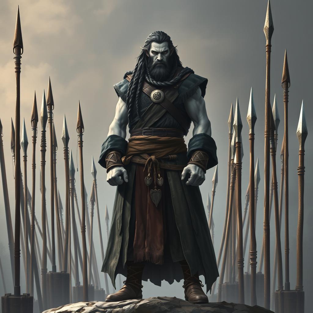 A male goliath barbarian monk standing confidently, wearing a long, flowing coat that contrasts with his pale grey skin