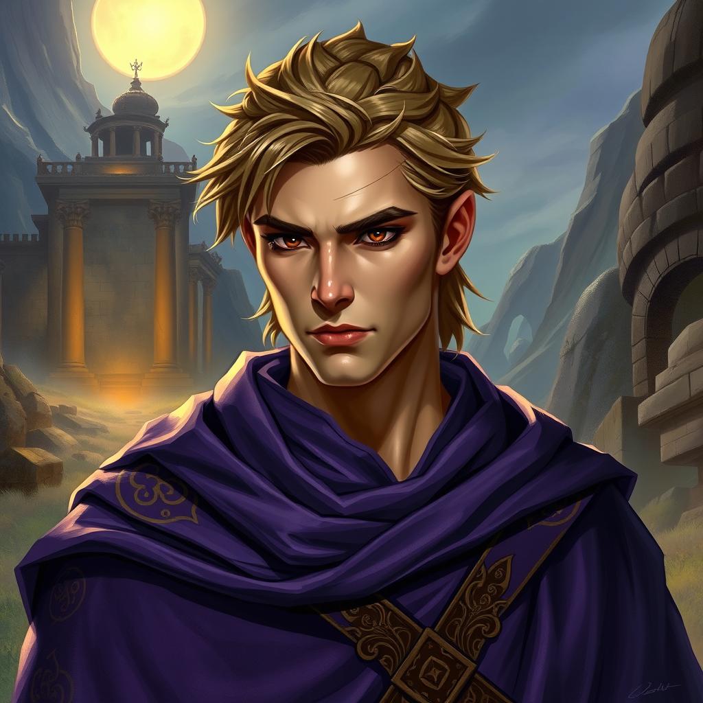 A male Gith warrior with striking dark brown eyes and light brown hair, depicted wearing regal purple robes adorned with intricate patterns