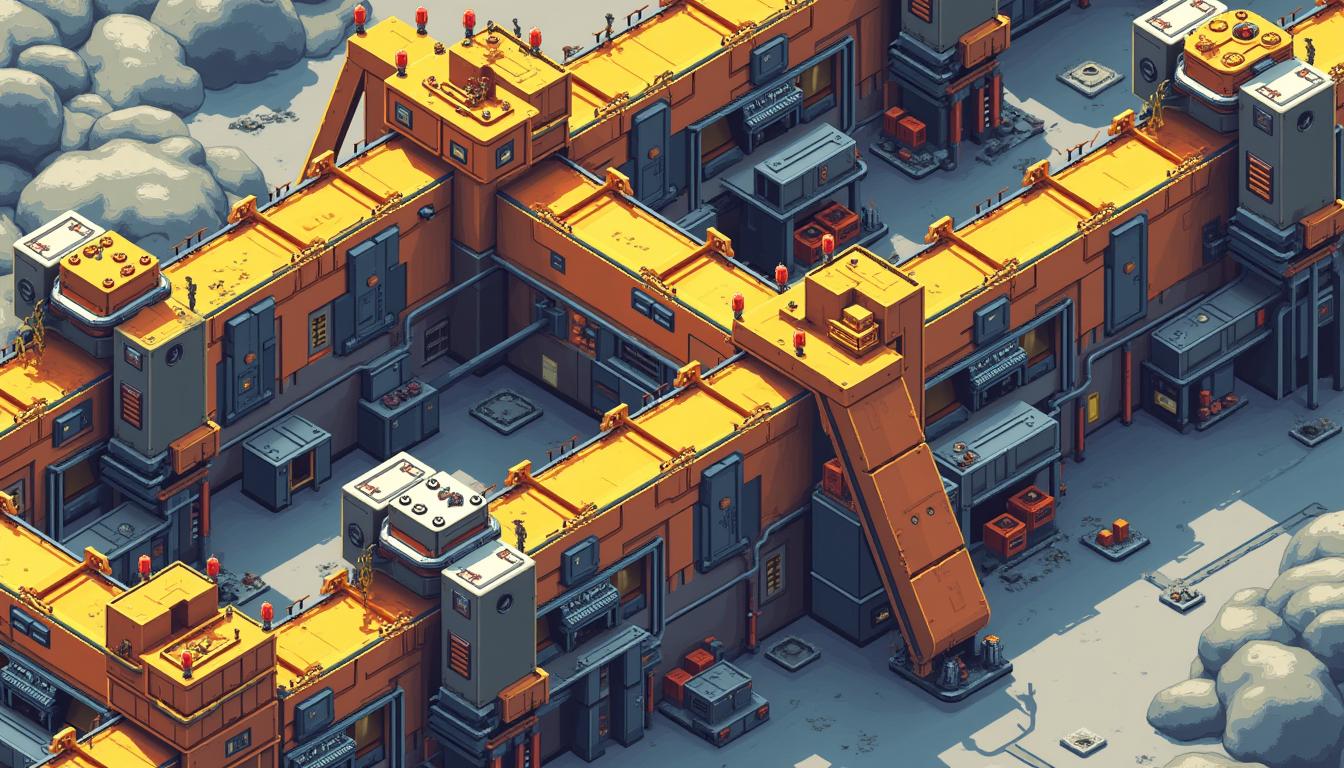 A pixel art style illustration of a futuristic long mining refinery viewed from the top down