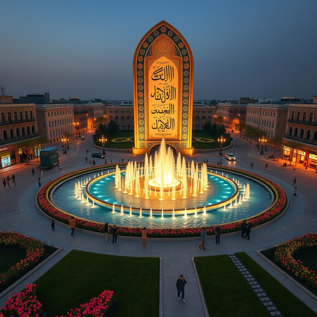 A large artistic urban element inspired by Iranian art and Nastaliq calligraphy, designed at the center of a spacious circular square