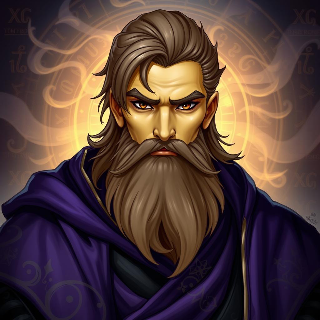 A male Gith characterized by striking dark brown eyes, light brown hair, and unique yellow skin, showcasing a distinctive beard that adds to his formidable presence