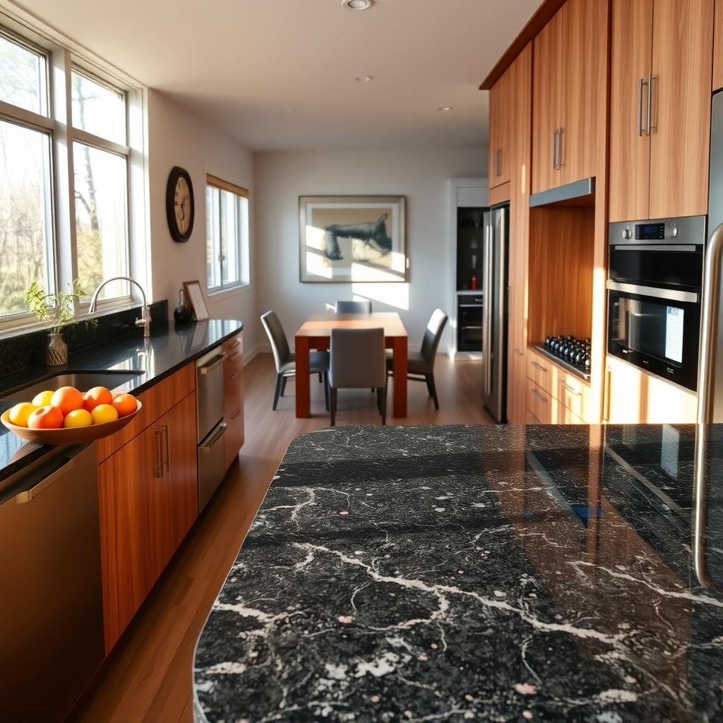 A stylish modern kitchen featuring beautiful granite Black Forest countertops, sleek cabinetry, and high-end appliances, with a cozy dining area in the background