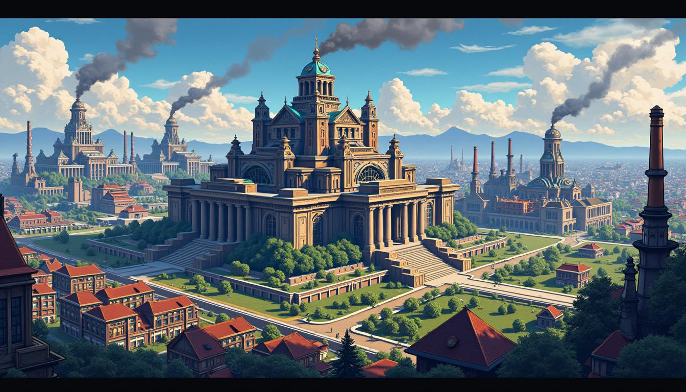 A pixel art depiction of a futuristic city that blends cyberpunk and steampunk elements, with a central focus on an ore refinery