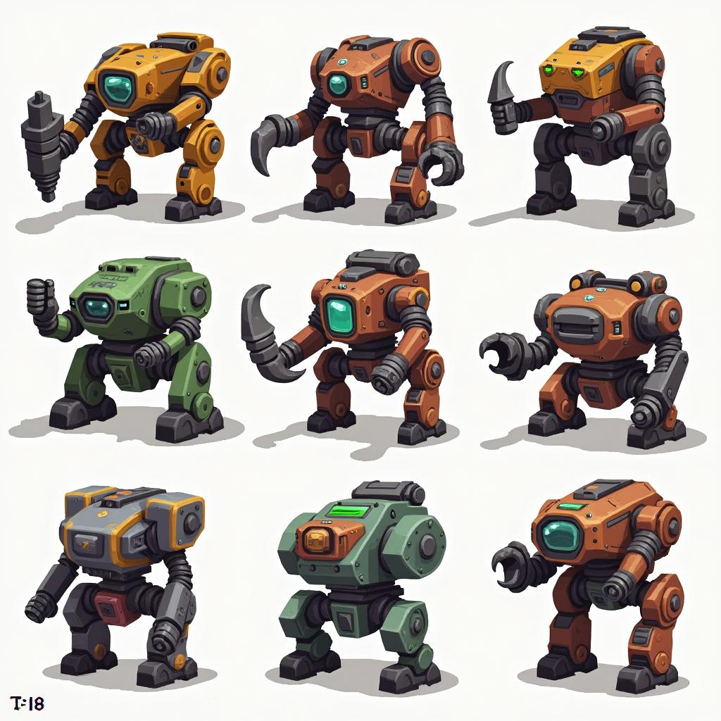 A collection of pixel art style mining mechs designed as tokens for the Lancer tabletop RPG
