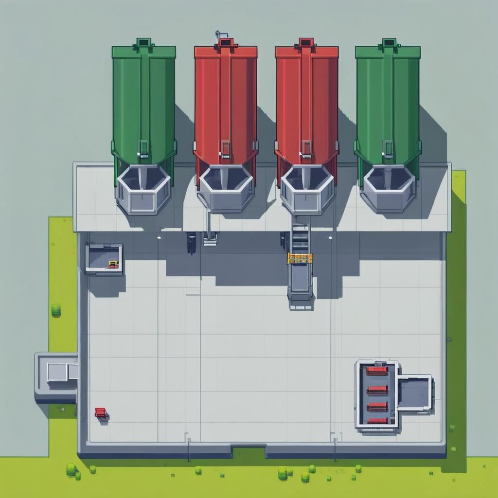 pixel art style silos and mining cranes, yellow and red, top down view