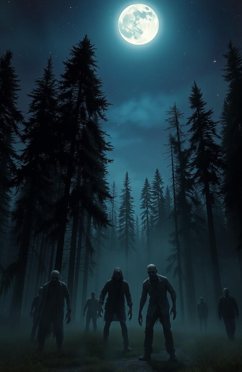 A realistic vertical image of a nighttime forest landscape, featuring tall trees silhouetted against a starry sky